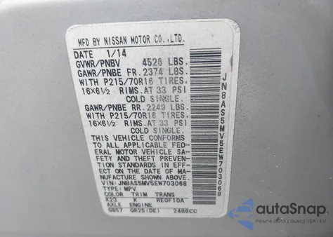 2014 Nissan Rogue Select S z USA, uszkodzony, nr VIN JN8AS5MV5EW703068